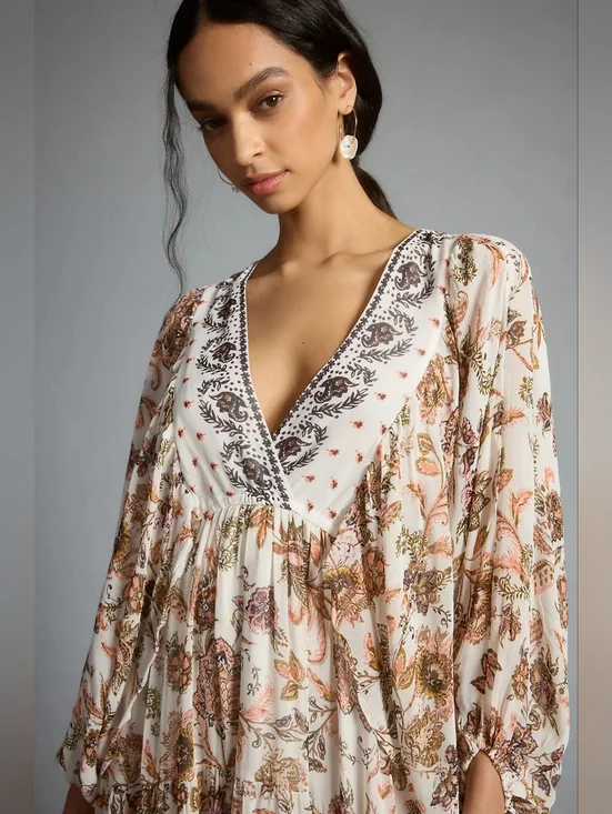 Anthropologie Boho Floral Maxi Dress Balloon Sleeve V-Neck Size SP - Picture 3 of 7